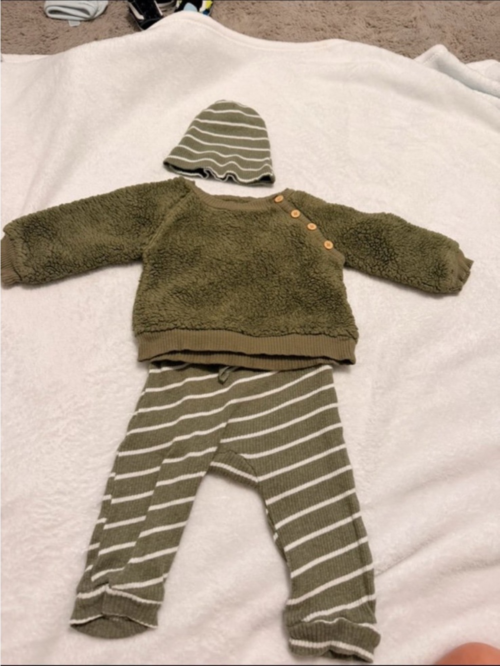 Olive Green Sherpa Pullover & Striped Knit Pant Set with Hat – Kids Matching Set